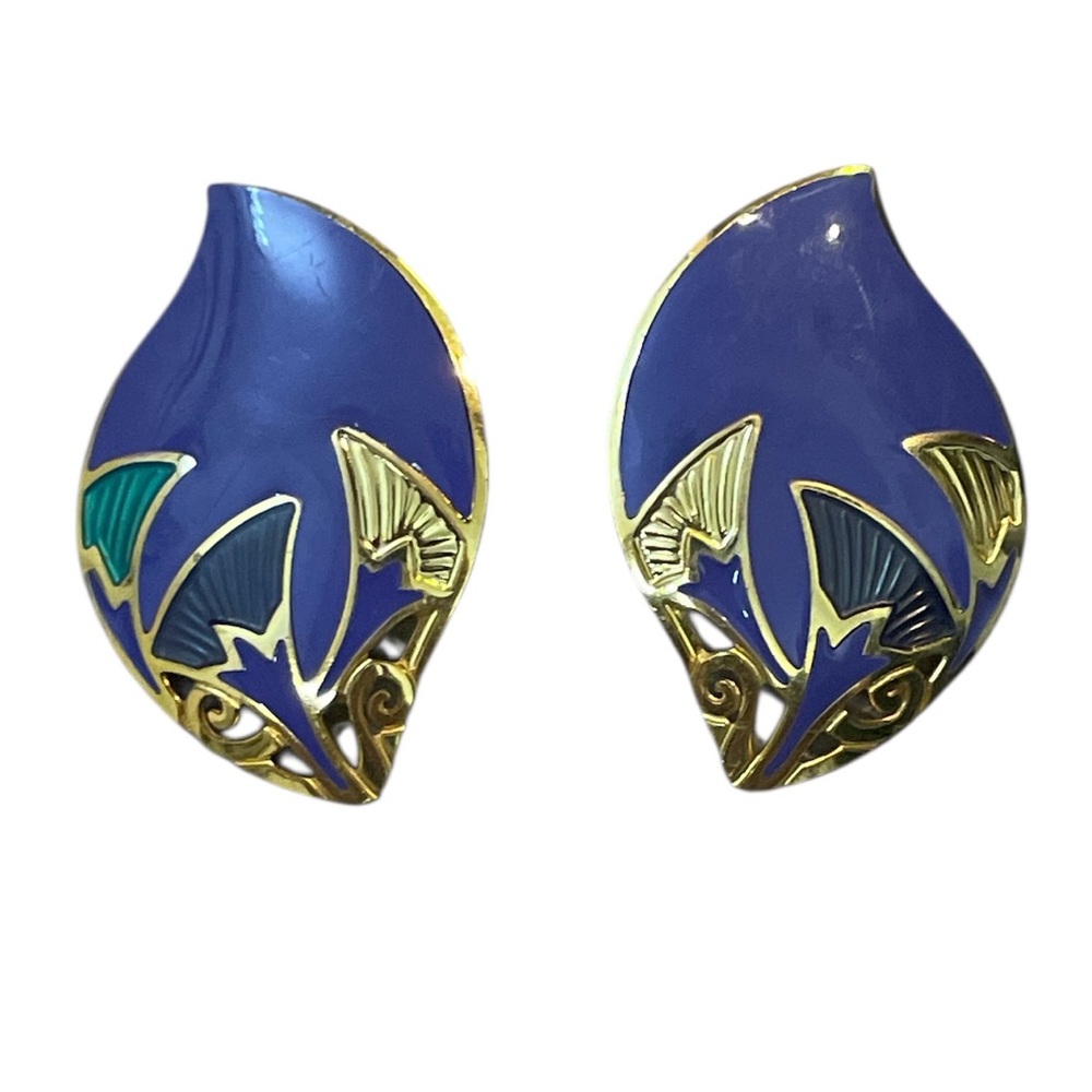 Vintage 80s Berebi Earrings Pierced Post Enamel Floral Statement Purple Green
